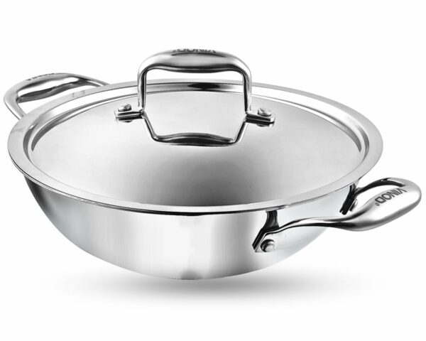 Vinod Platinum Triply Stainless Steel Kadai with Stainless Steel Lid 4 5 litres Capacity (30 cm Diameter) | 28 cm Stainless Steel Kadhai with Lid - Silver (Induction and Gas Stove Friendly)
