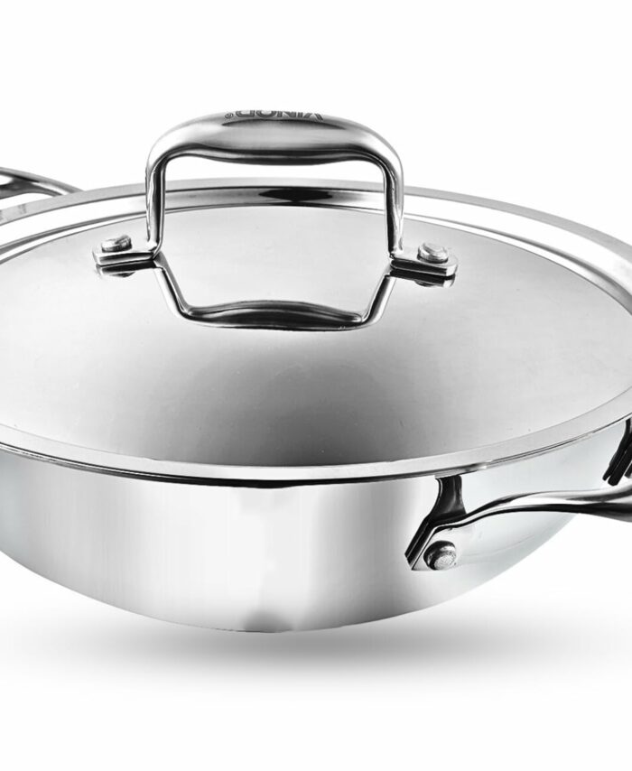 Vinod Platinum Triply Stainless Steel Kadai with Stainless Steel Lid 4 5 litres Capacity (30 cm Diameter) | 28 cm Stainless Steel Kadhai with Lid - Silver (Induction and Gas Stove Friendly)