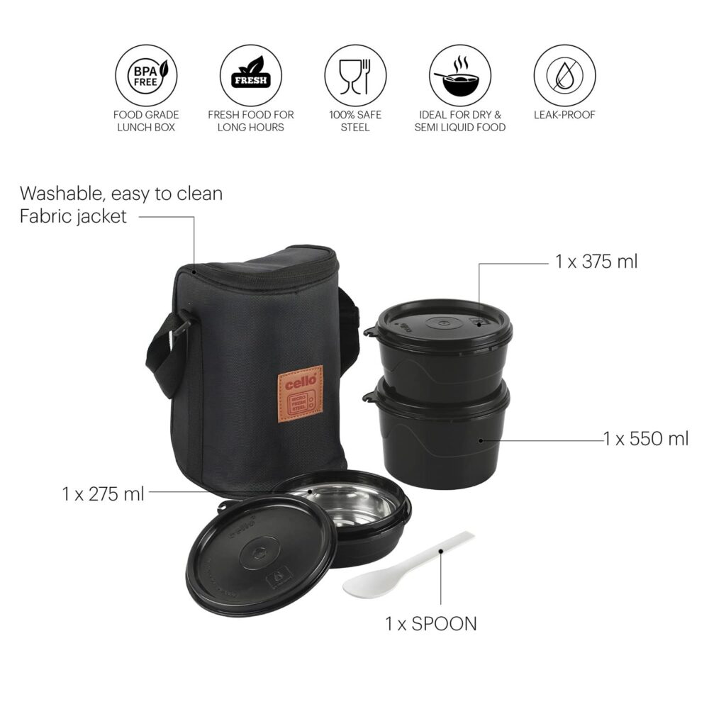 CELLO MF Click Lunch Box Set with Bag, 3 Containers, 300ml, Black | Tiffin Box Outer Plastic Inner Steel with Bag | Leakproof Lunch Boxes with Jacket | Ideal for Office, School, College - Image 3