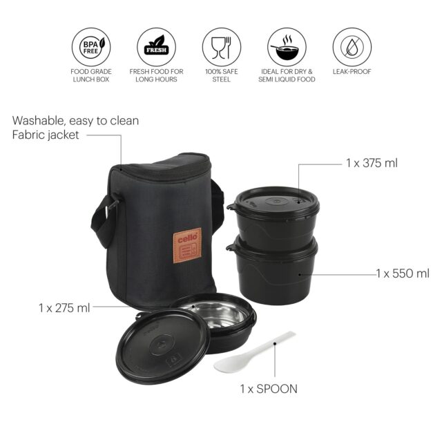 CELLO MF Click Lunch Box Set with Bag, 3 Containers, 300ml, Black | Tiffin Box Outer Plastic Inner Steel with Bag | Leakproof Lunch Boxes with Jacket | Ideal for Office, School, College