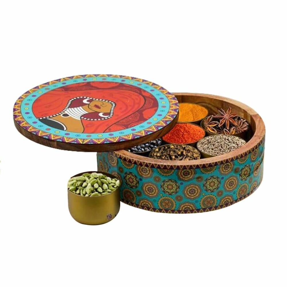 Sanskriti Exports Wooden Spice Box/Masala Dabba/Masala Dani Set for Kitchen with Printed Ethnic Design on Wood with Seven Gold Steel Spice Jars ? 8 Pcs set (9 inch Dia, Red)