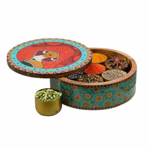 Sanskriti Exports Wooden Spice Box/Masala Dabba/Masala Dani Set for Kitchen with Printed Ethnic Design on Wood with Seven Gold Steel Spice Jars ? 8 Pcs set (9 inch Dia, Red)