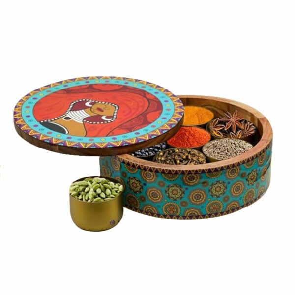Sanskriti Exports Wooden Spice Box/Masala Dabba/Masala Dani Set for Kitchen with Printed Ethnic Design on Wood with Seven Gold Steel Spice Jars ? 8 Pcs set (9 inch Dia, Red)