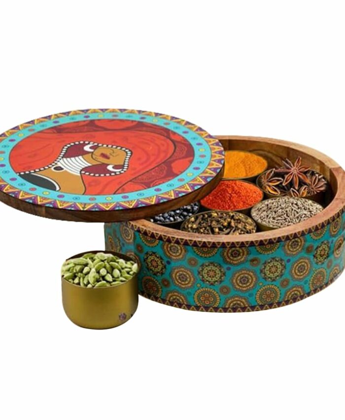 Sanskriti Exports Wooden Spice Box/Masala Dabba/Masala Dani Set for Kitchen with Printed Ethnic Design on Wood with Seven Gold Steel Spice Jars ? 8 Pcs set (9 inch Dia, Red)