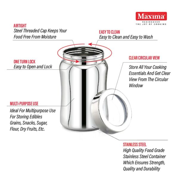 MAXIMA Tulip Stainless Steel Canister - Elegant Circular Design for Tea, Coffee, and Spices | Leak Proof | Airtight Kitchen Storage Container (900ml, SI-2103) - Image 2