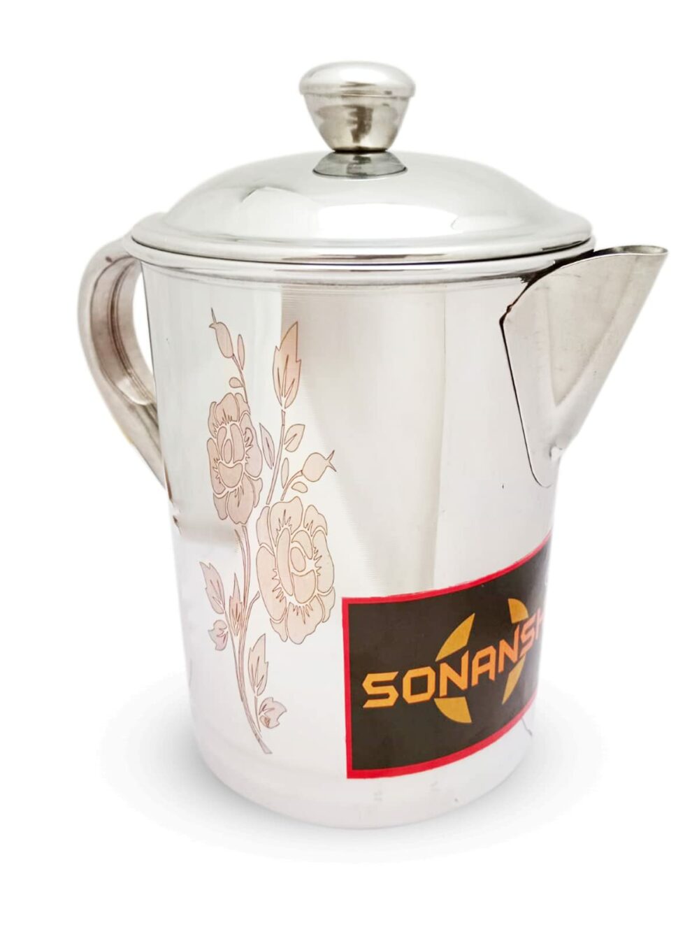 Sanskriti Exports Stainless Steel Tea Pot/Water Jug/Kettle with Lid and Flower Laser Print Jug- 1 Litre