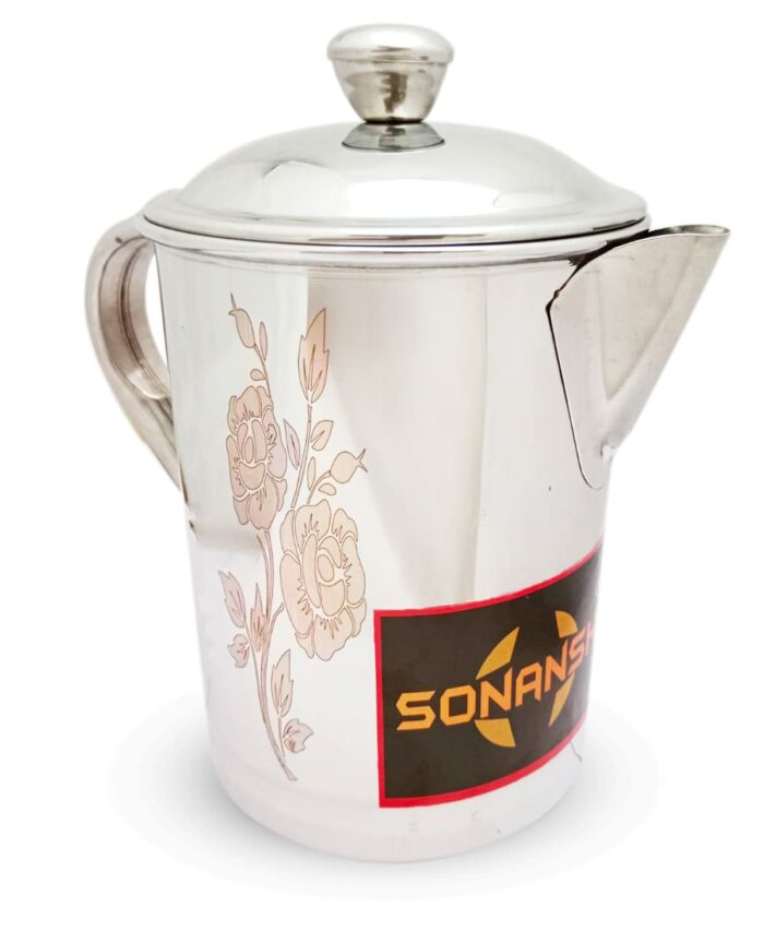Sanskriti Exports Stainless Steel Tea Pot/Water Jug/Kettle with Lid and Flower Laser Print Jug- 1 Litre