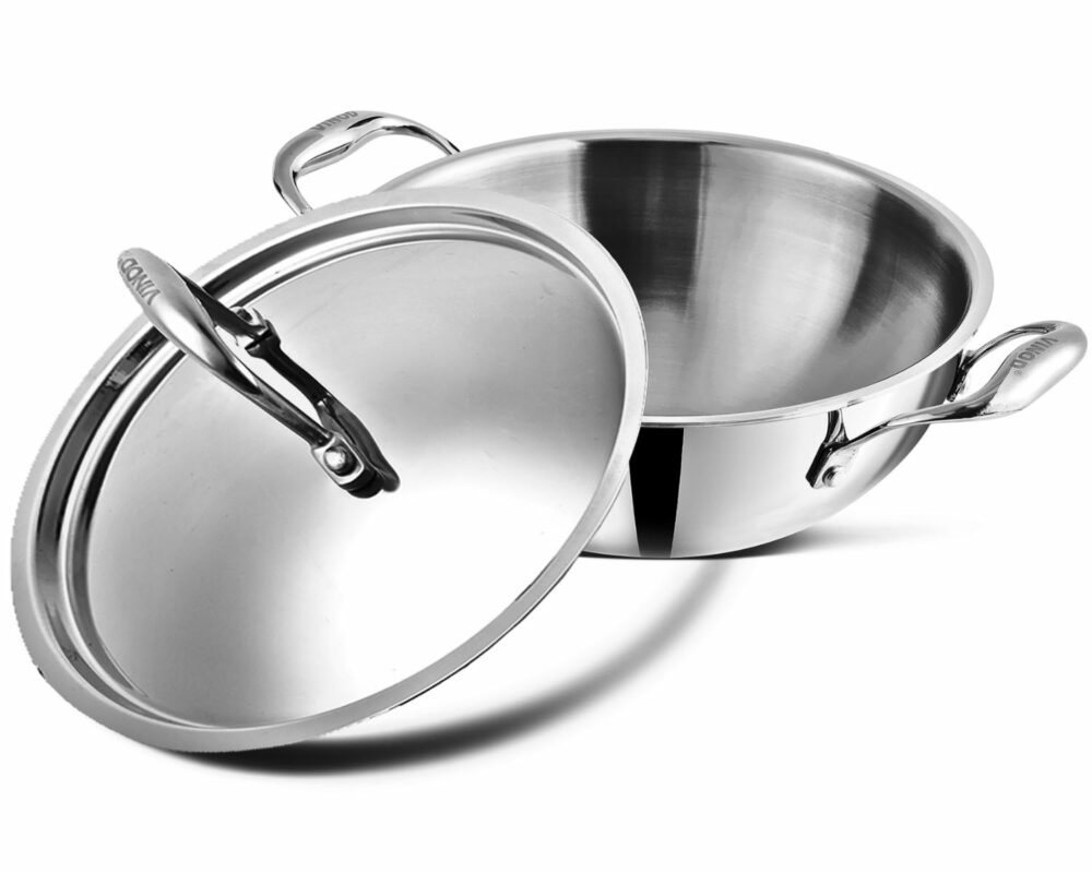 Vinod Platinum Triply Stainless Steel Extra Deep Kadai with Stainless Steel Lid 3 2 litres Capacity (24 cm Diameter) | 24 cm Triply Stainless Steel Kadai, Silver (Induction and Gas Stove Friendly)