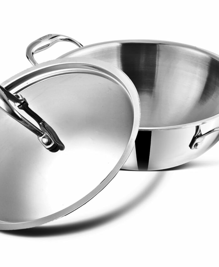 Vinod Platinum Triply Stainless Steel Extra Deep Kadai with Stainless Steel Lid 3 2 litres Capacity (24 cm Diameter) | 24 cm Triply Stainless Steel Kadai, Silver (Induction and Gas Stove Friendly)