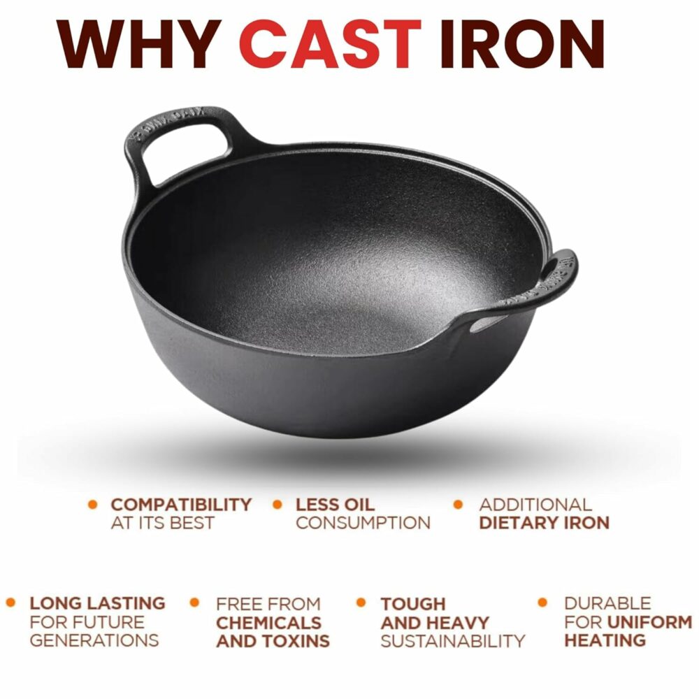 Sanskriti Exports Cast Iron Kadai with Lid/Pre Seasoned Iron Kadai with 2 Handles and Flat Base/Iron Kadhai for Cooking/Uncoated Wok for Electric Induction (with Glass Lid 27cm) - Image 4