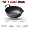 Sanskriti Exports Cast Iron Kadai with Lid/Pre Seasoned Iron Kadai with 2 Handles and Flat Base/Iron Kadhai for Cooking/Uncoated Wok for Electric Induction (with Glass Lid 27cm)