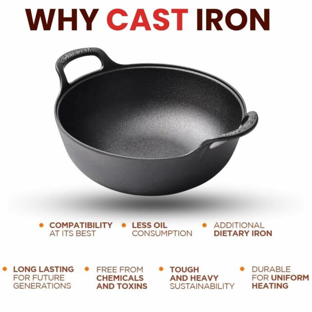 Sanskriti Exports Cast Iron Kadai with Lid/Pre Seasoned Iron Kadai with 2 Handles and Flat Base/Iron Kadhai for Cooking/Uncoated Wok for Electric Induction (with Glass Lid 27cm)