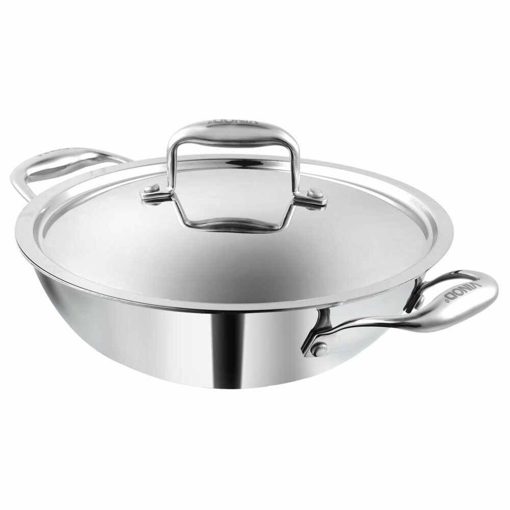Vinod Platinum Triply Stainless Steel Kadai with lid 2 5 Litre (24 cm Dia) | 2 5mm Thick | 3 Layer Stainless Steel Cookware | 5 Year Warranty | Induction & Gas Base | Heavy Base
