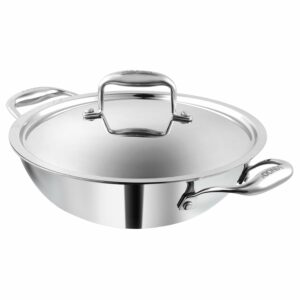 Vinod Platinum Triply Stainless Steel Kadai with lid 2 5 Litre (24 cm Dia) | 2 5mm Thick | 3 Layer Stainless Steel Cookware | 5 Year Warranty | Induction & Gas Base | Heavy Base