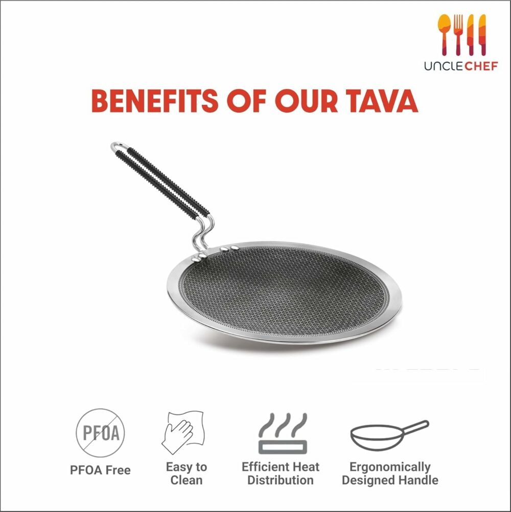 Sanskriti Exports Triply Stainless Steel Non Stick Tawa | Tri Ply Dosa Tawa | Stainless Steel Scratch Resistant Honey Comb Shape Coating roti and prantha tawa 25 cm - Image 5