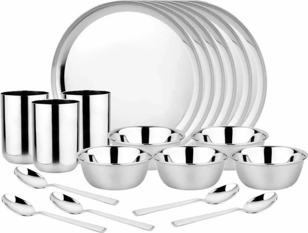 Sanskriti Exports Lotus Dinner Set | 24 Pcs | Stainless Steel Royal Plate | Kitchen Set for Home