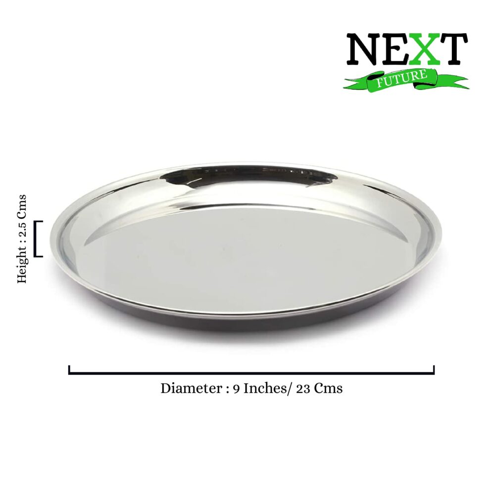 Next Future Stainless Steel Breakfast/Lunch/Dinner Plate Set of 6 with High Shiny Polish (Heavy Gauge) Medium Size Round Sanskriti Exports Thali - Diameter: 9 Inches/ 23 cms - Image 2
