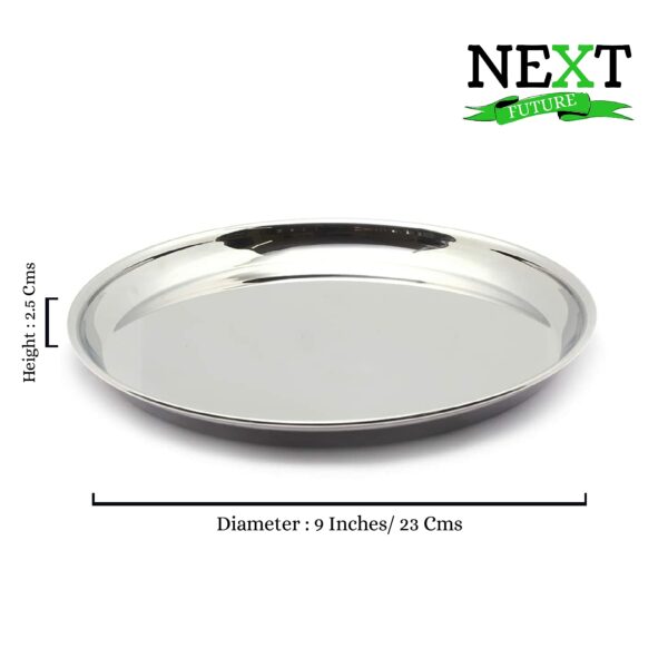 Next Future Stainless Steel Breakfast/Lunch/Dinner Plate Set of 6 with High Shiny Polish (Heavy Gauge) Medium Size Round Sanskriti Exports Thali - Diameter: 9 Inches/ 23 cms