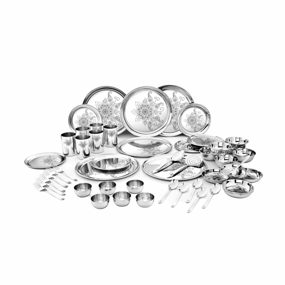 Sanskriti Exports Stainless Steel Shagun Dinner Set (50 Pcs Glory Set), Solid