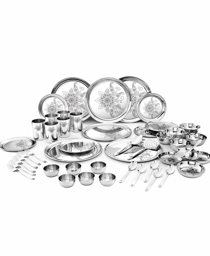 Sanskriti Exports Stainless Steel Shagun Dinner Set (50 Pcs Glory Set), Solid