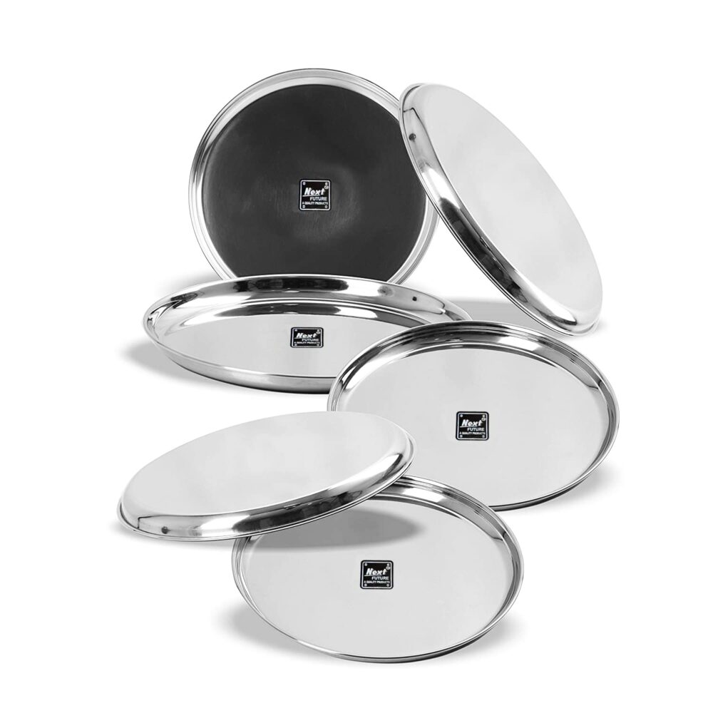 Next Future Stainless Steel Breakfast/Lunch/Dinner Plate Set of 6 with High Shiny Polish (Heavy Gauge) Medium Size Round Sanskriti Exports Thali - Diameter: 9 Inches/ 23 cms - Image 6