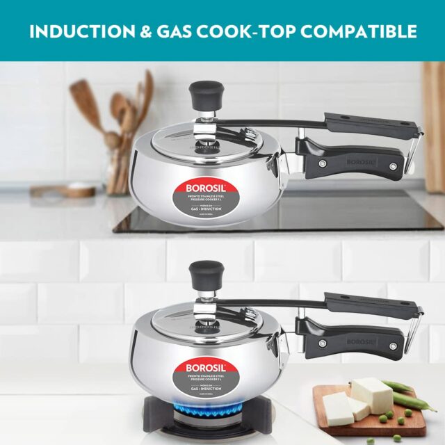 Borosil Pronto 1 L Inner Lid Stainless Steel Pressure Cooker | 6 8 mm Thick Base, Even Heat Distribution | Gas & Induction Campatible | 5 Years Warranty