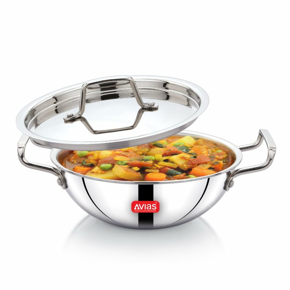 Sanskriti Exports Triply Kadai, 22 cm Stainless Steel Kadhai with Lid, 3 Layer, Steel Casted Handles, Flat Bottom Kadhai with Induction Base, 2 5 Mm Thickness, 2 Litre Capacity