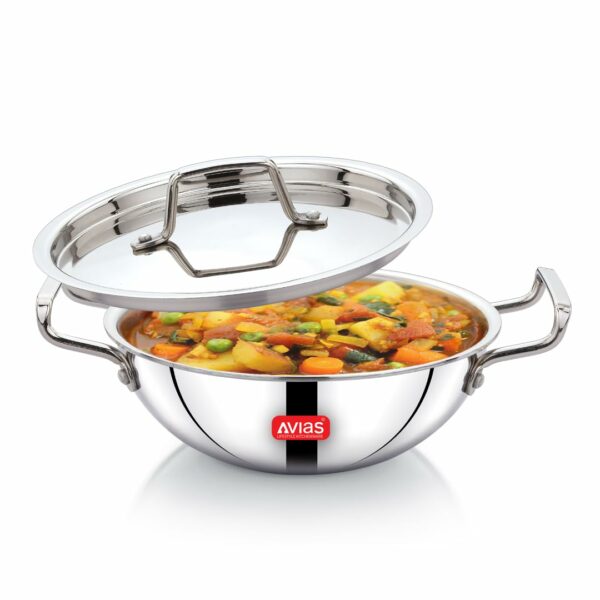 Sanskriti Exports Triply Kadai, 22 cm Stainless Steel Kadhai with Lid, 3 Layer, Steel Casted Handles, Flat Bottom Kadhai with Induction Base, 2 5 Mm Thickness, 2 Litre Capacity
