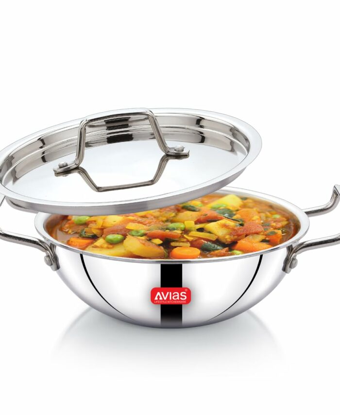 Sanskriti Exports Triply Kadai, 22 cm Stainless Steel Kadhai with Lid, 3 Layer, Steel Casted Handles, Flat Bottom Kadhai with Induction Base, 2 5 Mm Thickness, 2 Litre Capacity