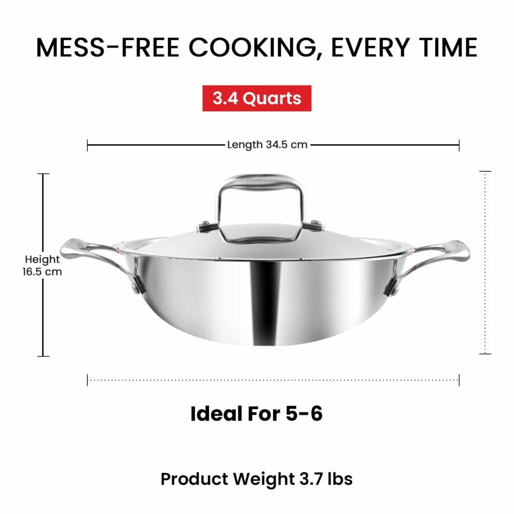 Vinod Platinum Triply Stainless Steel Extra Deep Kadai with Stainless Steel Lid 3 2 litres Capacity (24 cm Diameter) | 24 cm Triply Stainless Steel Kadai, Silver (Induction and Gas Stove Friendly) - Image 3