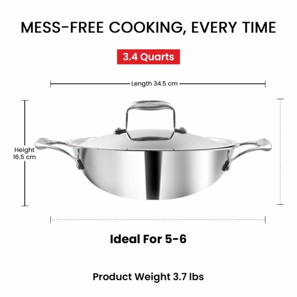 Vinod Platinum Triply Stainless Steel Extra Deep Kadai with Stainless Steel Lid 3 2 litres Capacity (24 cm Diameter) | 24 cm Triply Stainless Steel Kadai, Silver (Induction and Gas Stove Friendly)