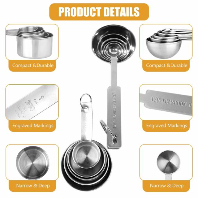 Sanskriti Exports? 10Pcs Measuring Cups and Spoons Set - Stainless Steel Measuring Cup with Scales of 2 Units, Dry & Wet Food Measuring Cup for Cooking and Baking, Ideal for Chefs & Home Cooks (Silver)