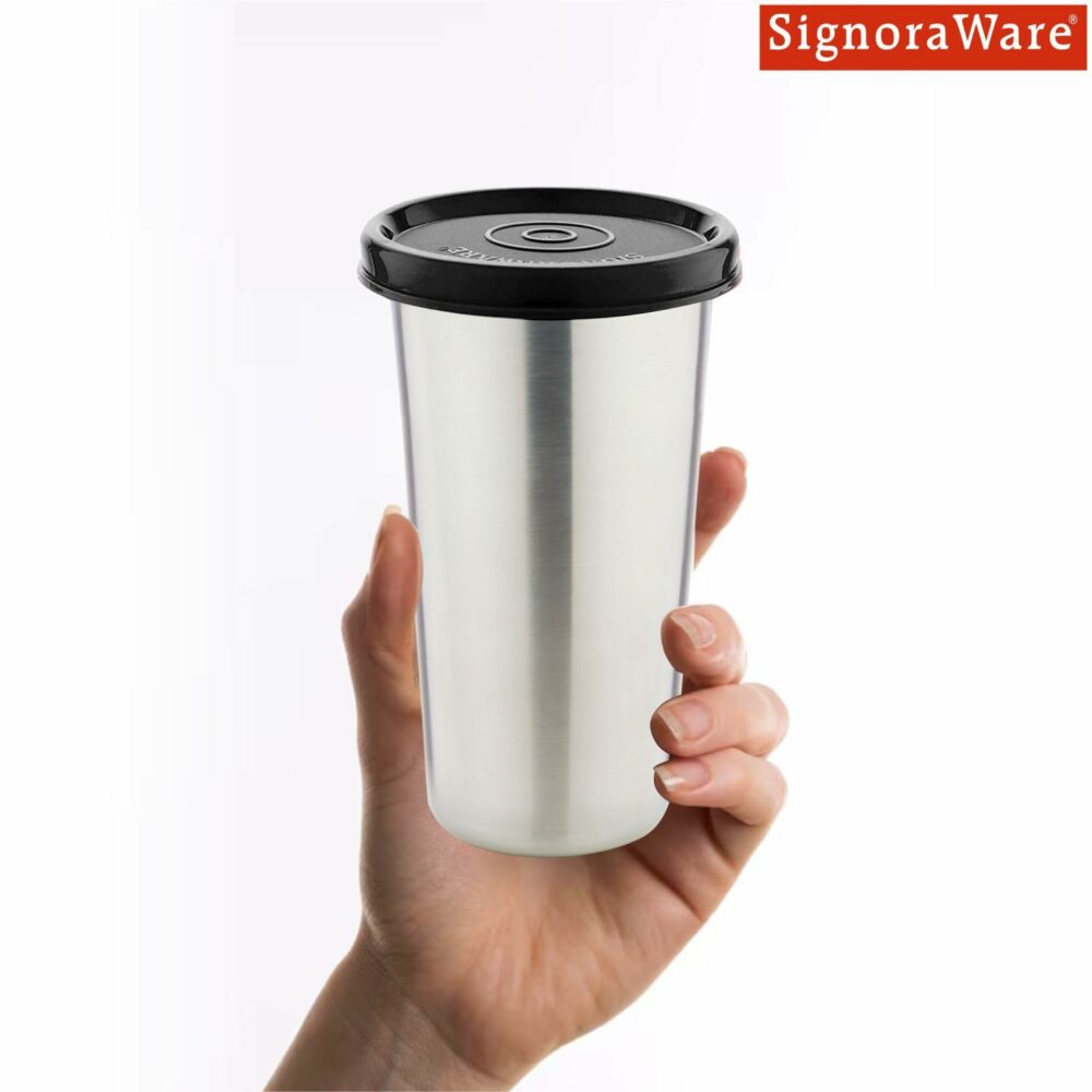 SignoraWare Stainless Steel Tumbler with Lid | Air Tight Leak Proof Glass Tumblers for Office Gym Yoga Hiking Trekking Travel Home Kitchen (450ml), Set of 1, Black - Image 3