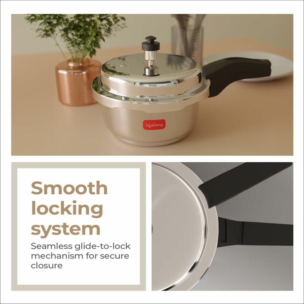 Lifelong Stainless Steel Pressure Cooker 2L | Induction & Gas Stove Compatible with Outer Lid, ISI Certified & Lock System |Safe & Durable Kitchen Essential with 5 Years Warranty (Silver) - Image 2