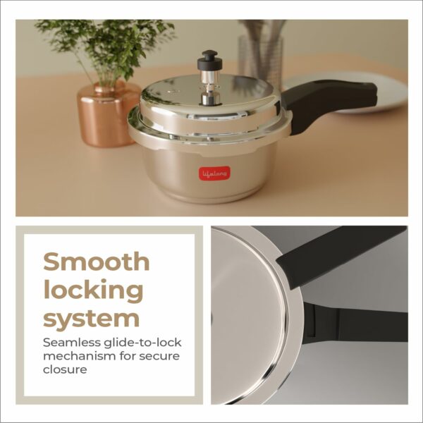 Lifelong Stainless Steel Pressure Cooker 2L | Induction & Gas Stove Compatible with Outer Lid, ISI Certified & Lock System |Safe & Durable Kitchen Essential with 5 Years Warranty (Silver)