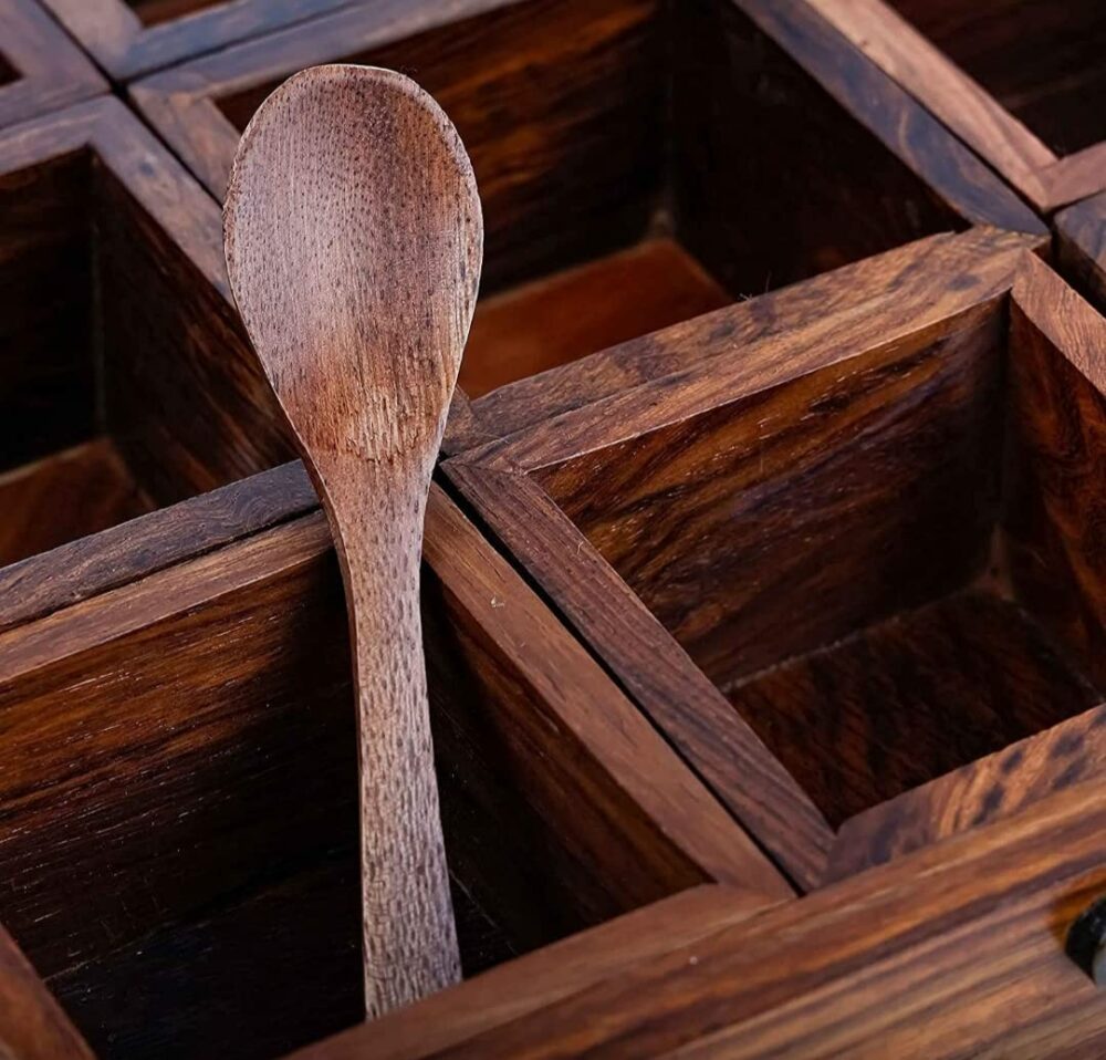 Sanskriti Exports Sheesham Wood Spice Box with 2 Spoons ? 9 Compartments Masala Box/Masala Container/Masala Dabba Organizer for Kitchen | Decorative Handmade Wooden Storage Box (Brown) - Image 4