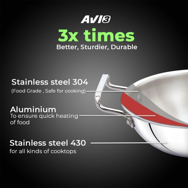 Sanskriti Exports Triply Kadai, 22 cm Stainless Steel Kadhai with Lid, 3 Layer, Steel Casted Handles, Flat Bottom Kadhai with Induction Base, 2 5 Mm Thickness, 2 Litre Capacity