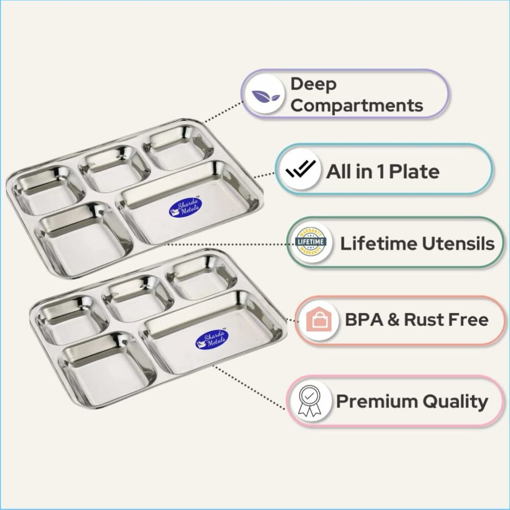 Sanskriti Exports Stainless Steel Rectangular Compartment Thali Set of 6 with 5 in 1 Divided Partition, Mess, Bhojan, Lunch & Dinner Plates - 13 x 10 inches - Image 2