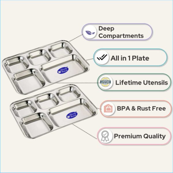 Sanskriti Exports Stainless Steel Rectangular Compartment Thali Set of 6 with 5 in 1 Divided Partition, Mess, Bhojan, Lunch & Dinner Plates - 13 x 10 inches