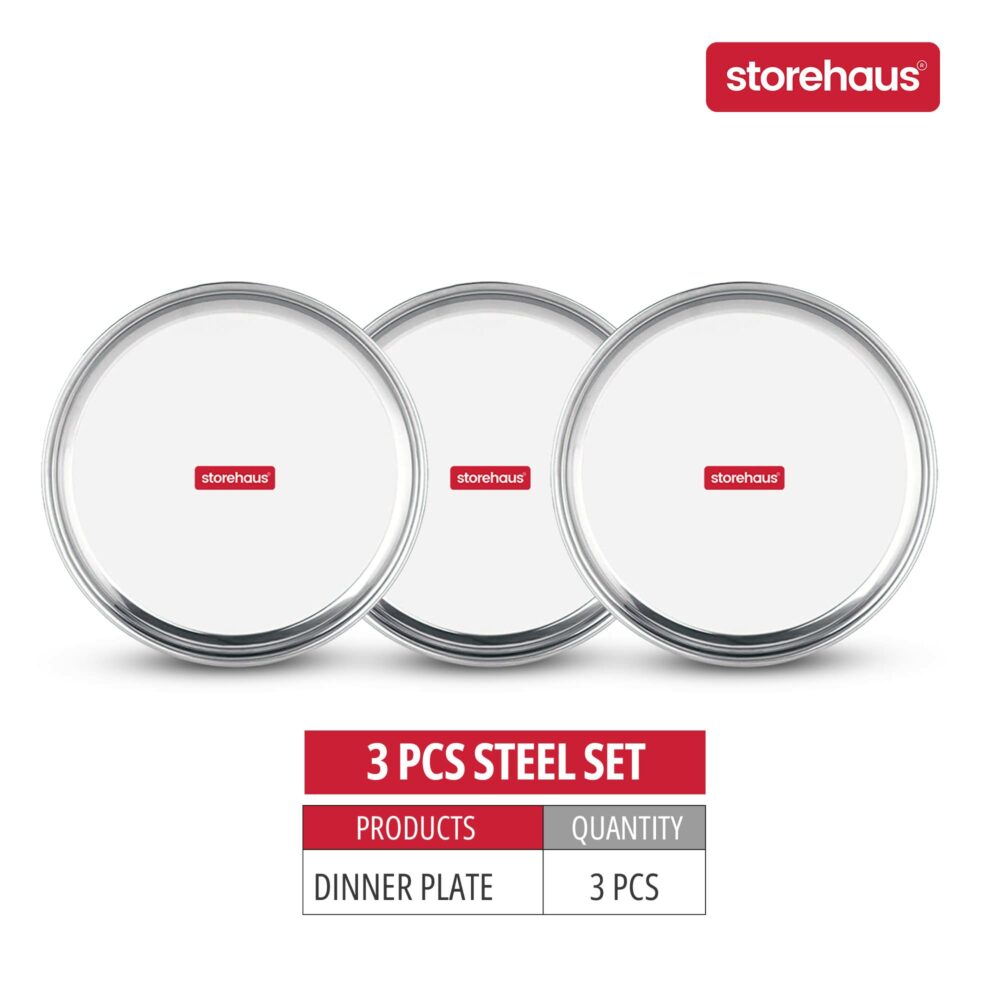 Sanskriti Exports Stainless Steel 3pc Thali Plate(12 inch) Kitchenware Set Ideal for Home, Restaurants and Family Use, Silver - Image 6