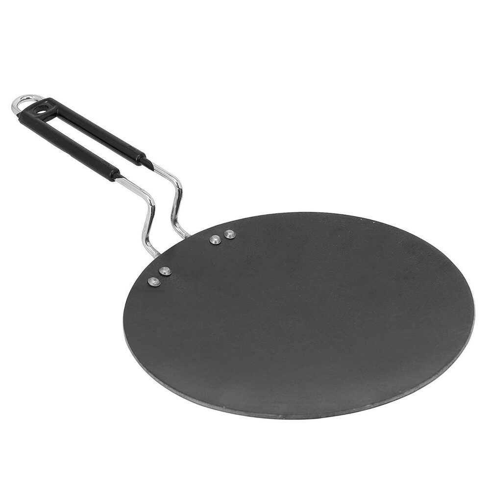TAWA for Roti Flat Iron Tawa Wider Base Cast (Stainless Steel Handle),Induction Base Tawa 10 Inch for Roti Paratha Chapati Phulka Omelette Color Black (Roti Tawa)_Sanskriti Exports