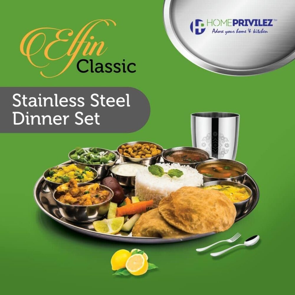 Sanskriti Exports Elfin Premium Stainless Steel Dinner Set with Mandala Laser Design- 24 PCS