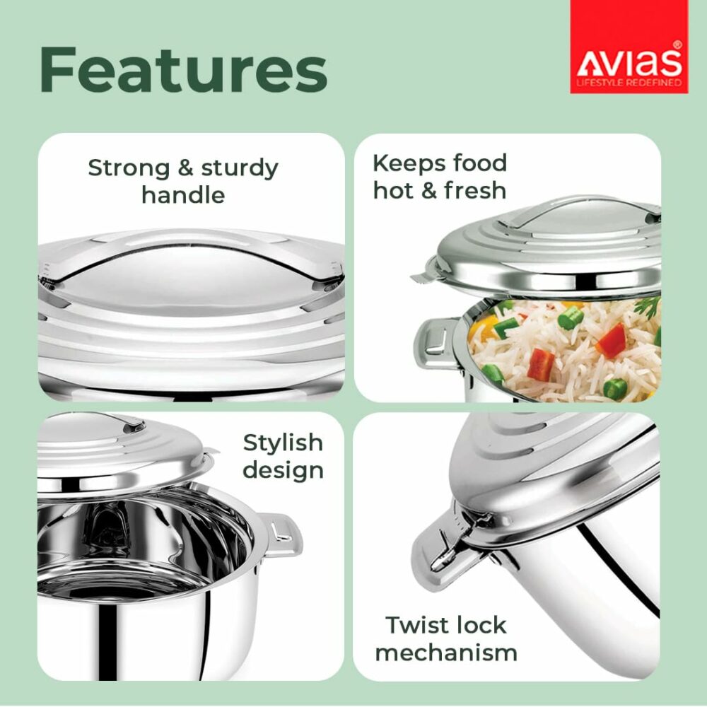 Sanskriti Exports Platina Premium 2500 ML Double Wall Insulated Stainless Steel Casserole, Hot Pot for Roti-Rice-Gravy-Curry, Silver Hot Box with Steel Lid, Retains Temperature, Twist Lock - Image 2