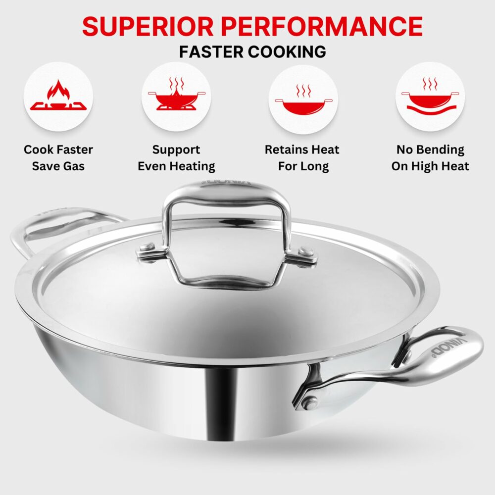 Vinod Platinum Triply Stainless Steel Extra Deep Kadai with Stainless Steel Lid 1 1 litres Capacity (18 cm Diameter) | 18 cm Triply Stainless Steel Kadai, Silver (Induction and Gas Stove Friendly) - Image 4