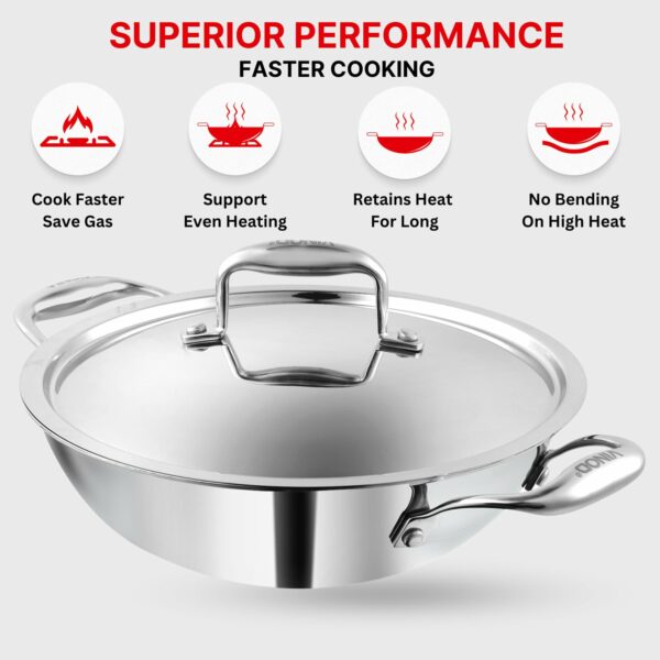 Vinod Platinum Triply Stainless Steel Extra Deep Kadai with Stainless Steel Lid 1 1 litres Capacity (18 cm Diameter) | 18 cm Triply Stainless Steel Kadai, Silver (Induction and Gas Stove Friendly)