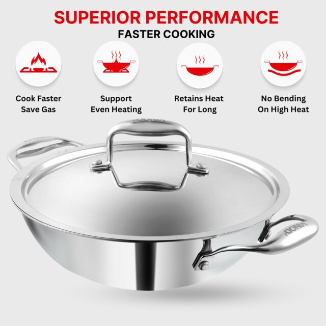 Vinod Platinum Triply Stainless Steel Extra Deep Kadai with Stainless Steel Lid 1 1 litres Capacity (18 cm Diameter) | 18 cm Triply Stainless Steel Kadai, Silver (Induction and Gas Stove Friendly)