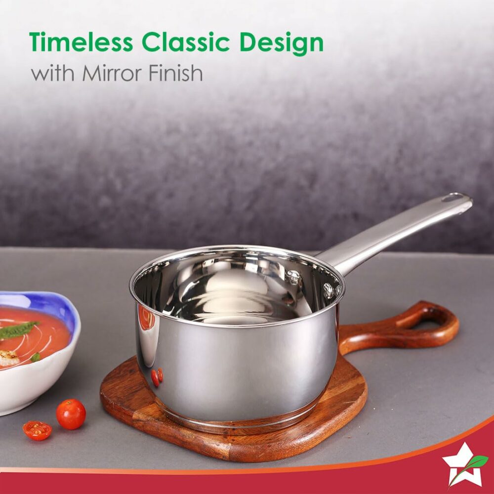 Wonderchef Venice Stainless Steel Saucepan | 1.2Litre | Tri-ply Bottom | Thick Base | Anti-Bacterial and Non-Porous Steel | Ideal for Boiling Milk, and Water or to Make Tea and Coffee - Image 3