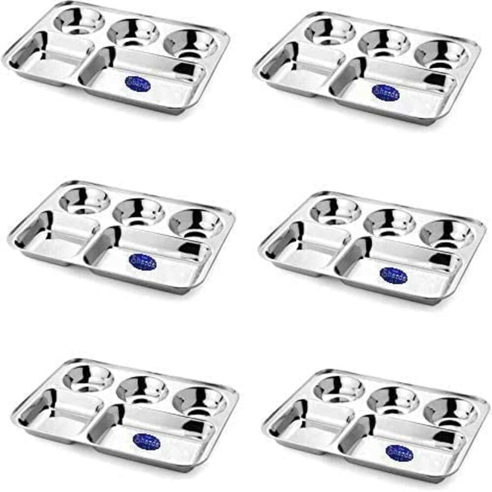 Sanskriti Exports Stainless Steel Rectangular Compartment Thali Set of 6 with 5 in 1 Divided Partition, Mess, Bhojan, Lunch & Dinner Plates - 13 x 10 inches