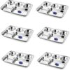 Sanskriti Exports Stainless Steel Rectangular Compartment Thali Set of 6 with 5 in 1 Divided Partition, Mess, Bhojan, Lunch & Dinner Plates - 13 x 10 inches