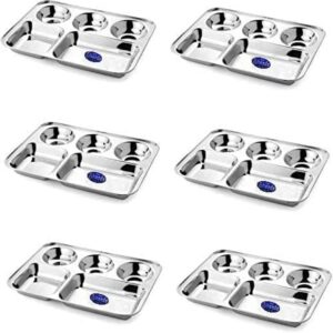 Sanskriti Exports Stainless Steel Rectangular Compartment Thali Set of 6 with 5 in 1 Divided Partition, Mess, Bhojan, Lunch & Dinner Plates - 13 x 10 inches